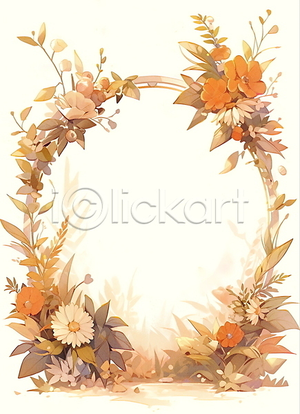감성 사람없음 JPG 일러스트 가을(계절) 꽃 낙엽 백그라운드 원형 주황색 카피스페이스 편지지 풀(식물) 프레임