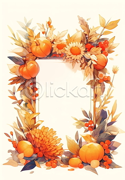 감성 사람없음 JPG 일러스트 가을(계절) 꽃 낙엽 백그라운드 주황색 카피스페이스 편지지 풀(식물) 프레임 호박