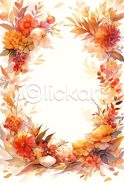 감성 사람없음 JPG 일러스트 가을(계절) 꽃 낙엽 백그라운드 주황색 카피스페이스 편지지 풀(식물) 프레임