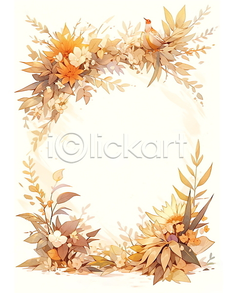 감성 사람없음 JPG 일러스트 가을(계절) 꽃 낙엽 백그라운드 조류 주황색 카피스페이스 편지지 풀(식물) 프레임