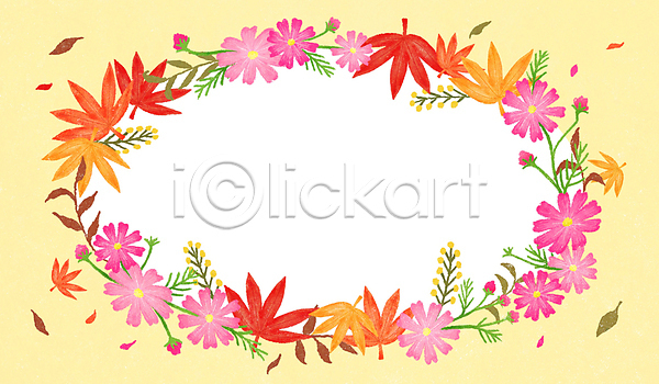 사람없음 PSD 일러스트 프레임일러스트 가을(계절) 낙엽 단풍 백그라운드 연노랑색 원형 코스모스(꽃) 프레임
