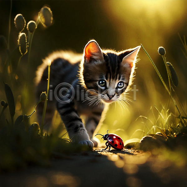 사람없음 JPG 편집이미지 고양이 놀기 무당벌레 반려동물 반려묘 새끼 야외 얼룩고양이 풀(식물) 한마리