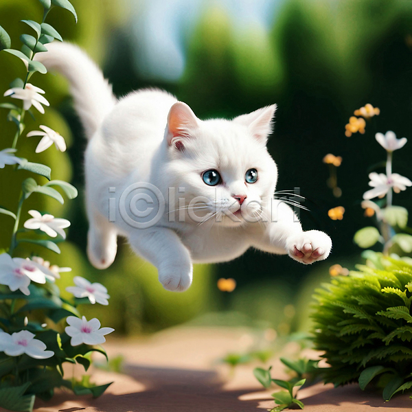사람없음 JPG 편집이미지 고양이 꽃 반려동물 반려묘 야외 점프 터키시앙고라 한마리