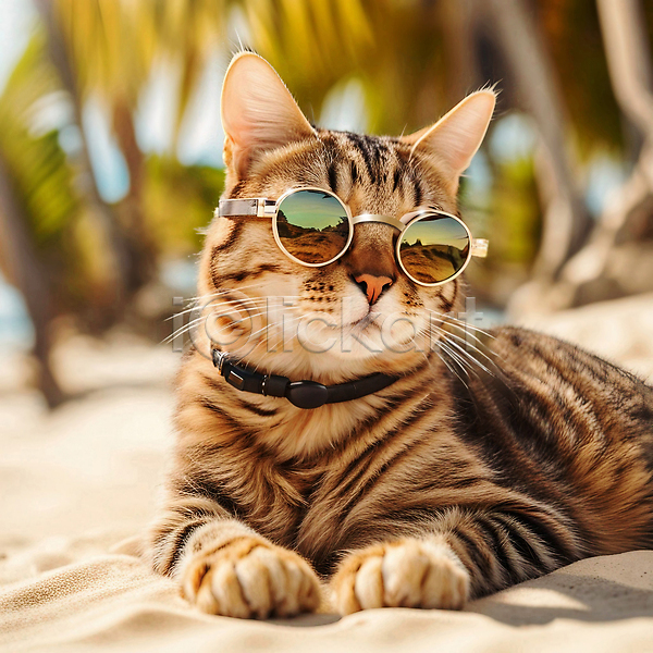 사람없음 JPG 편집이미지 고양이 반려동물 반려묘 선글라스 애묘목걸이 야외 엎드리기 여름(계절) 한마리 해변
