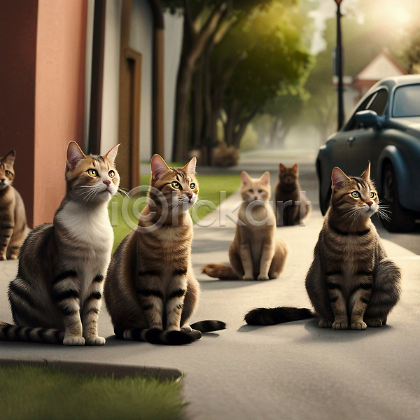 사람없음 JPG 편집이미지 거리 고양이 길 길가 길고양이 반려동물 반려묘 앉기 야외 여러마리 응시 자동차 주택