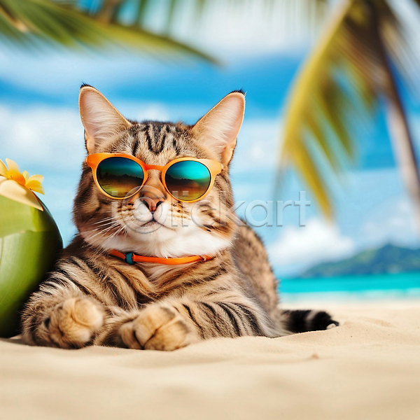 사람없음 JPG 편집이미지 고양이 반려동물 반려묘 선글라스 야외 엎드리기 여름(계절) 여름휴가 한마리 해변