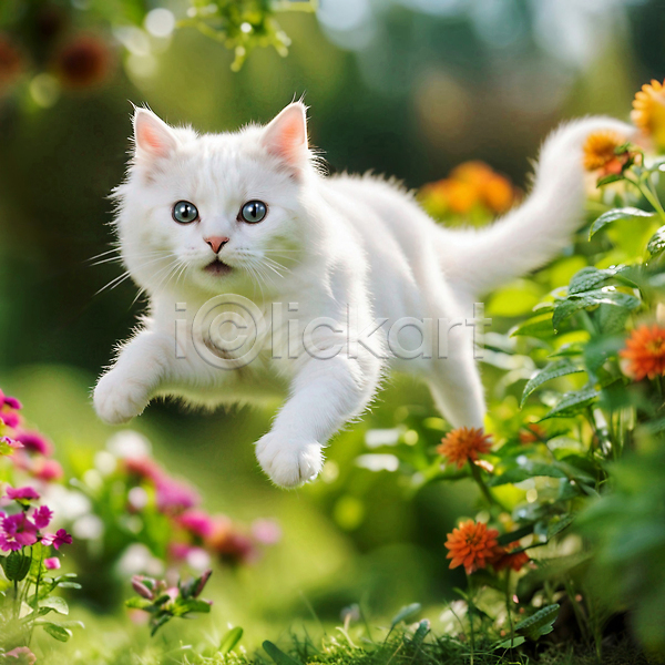 사람없음 JPG 편집이미지 고양이 꽃 반려동물 반려묘 야외 점프 터키시앙고라 풀(식물) 한마리