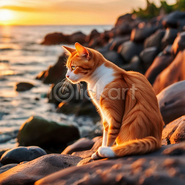 사람없음 JPG 편집이미지 고양이 바다 바위(돌) 반려동물 반려묘 앉기 야외 일몰 한마리
