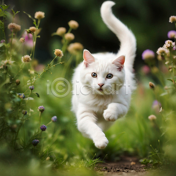 사람없음 JPG 편집이미지 고양이 꽃 달리기 반려동물 반려묘 야외 점프 터키시앙고라 풀(식물) 한마리