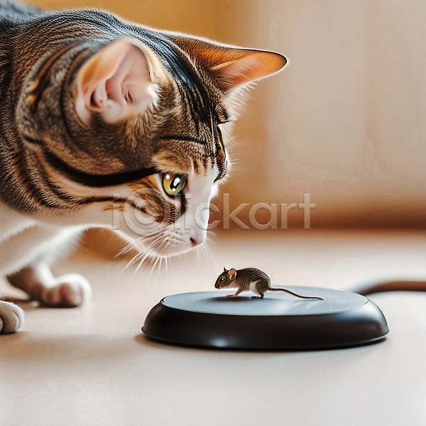 사람없음 JPG 편집이미지 고양이 두마리 반려동물 반려묘 실내 얼룩고양이 엎드리기 응시 쥐