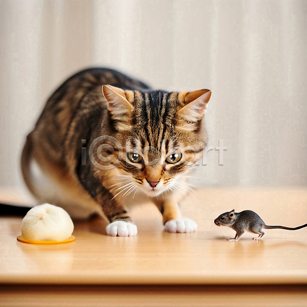 사람없음 JPG 편집이미지 고양이 나무탁자 대치 두마리 반려동물 반려묘 실내 엎드리기 음식 응시 쥐