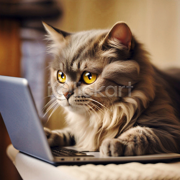 사람없음 JPG 편집이미지 갈색 고양이 노트북 반려동물 반려묘 실내 엎드리기 응시 한마리