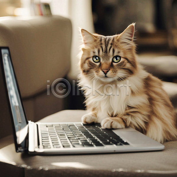 사람없음 JPG 편집이미지 고양이 노트북 반려동물 반려묘 소파 실내 앉기 한마리