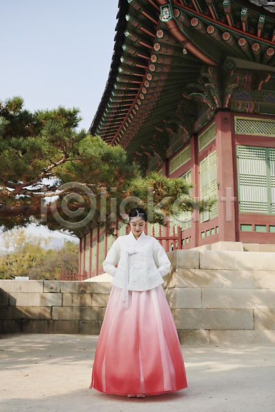 20대 성인 성인여자한명만 여자 한국인 한명 JPG 앞모습 포토 가을(계절) 경복궁 고개숙이기 국내포토 단아함 서기 서울 소나무 야외 인사 전신 주간 한국전통 한복