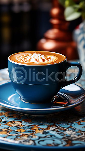 사람없음 JPG 디지털합성 편집이미지 라떼 라떼아트 카페 커피 커피잔 파란색 편집소스 한잔