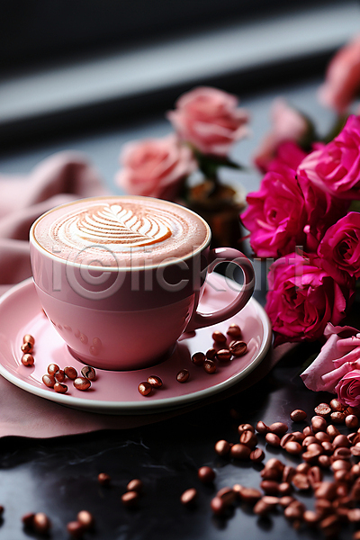 사람없음 JPG 디지털합성 편집이미지 꽃 라떼 라떼아트 분홍색 원두 장미 카페 커피 커피잔 편집소스 한잔