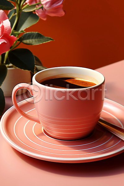 사람없음 JPG 디지털합성 편집이미지 꽃 분홍색 카페 커피 커피잔 편집소스 한잔
