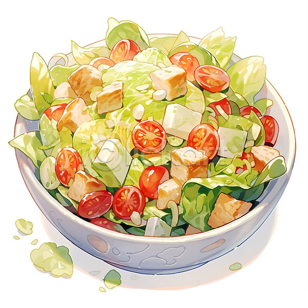 사람없음 JPG 일러스트 건강식 그릇 방울토마토 샐러드 수채화(물감) 음식 채식
