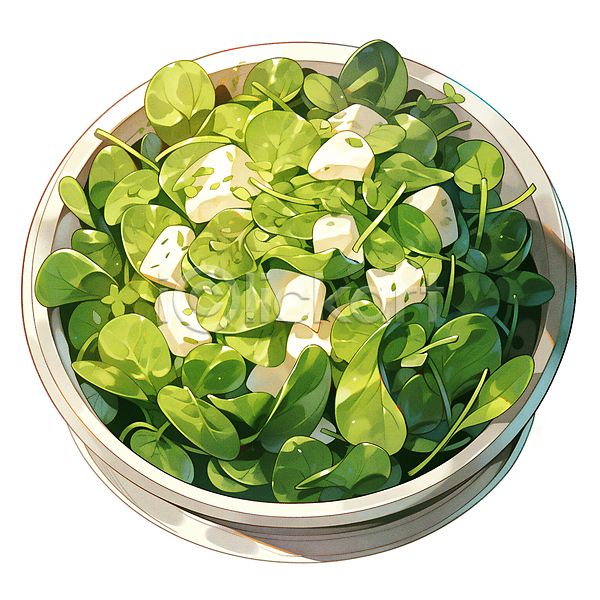 사람없음 JPG 일러스트 건강식 그릇 두부샐러드 수채화(물감) 음식 채소 채식 초록색