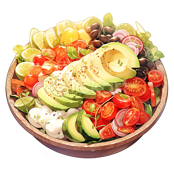 사람없음 JPG 일러스트 건강식 나무그릇 라임 방울토마토 샐러드 수채화(물감) 아보카도 음식 채식