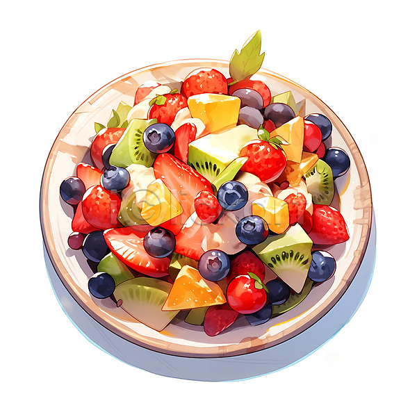 사람없음 JPG 일러스트 건강식 과일샐러드 딸기 블루베리 수채화(물감) 음식 접시 채식 키위 파인애플