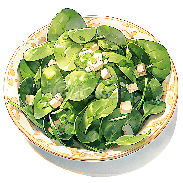 사람없음 JPG 일러스트 건강식 샐러드 수채화(물감) 음식 접시 채소 채식 초록색
