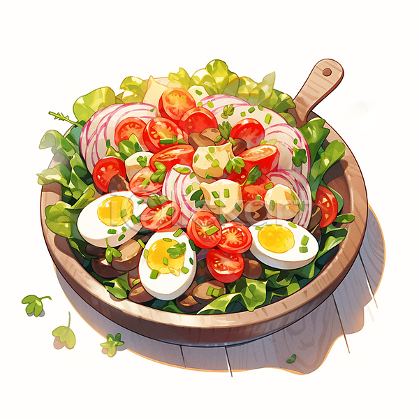사람없음 JPG 일러스트 건강식 계란 나무그릇 방울토마토 삶은계란 샐러드 수채화(물감) 양파 음식 채식