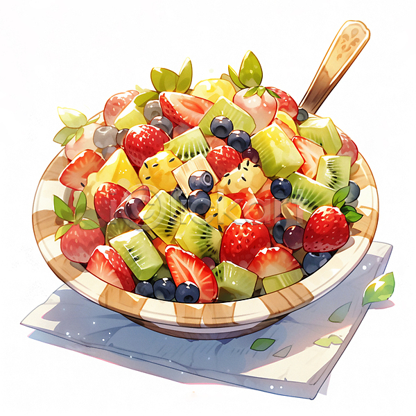 사람없음 JPG 일러스트 건강식 과일샐러드 그릇 딸기 블루베리 샐러드 수채화(물감) 숟가락 음식 채식 키위 파인애플