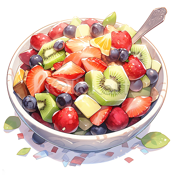 사람없음 JPG 일러스트 건강식 과일샐러드 그릇 꽃가루 딸기 블루베리 샐러드 수채화(물감) 숟가락 음식 채식 키위