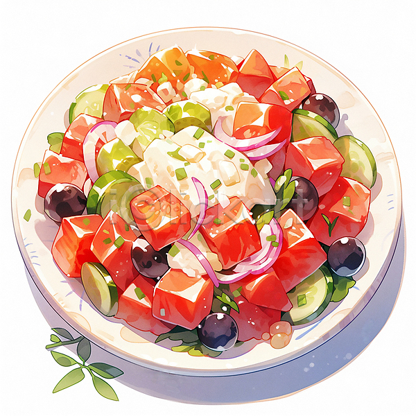 사람없음 JPG 일러스트 건강식 두부 샐러드 수채화(물감) 양파 오이 음식 접시 채식 토마토