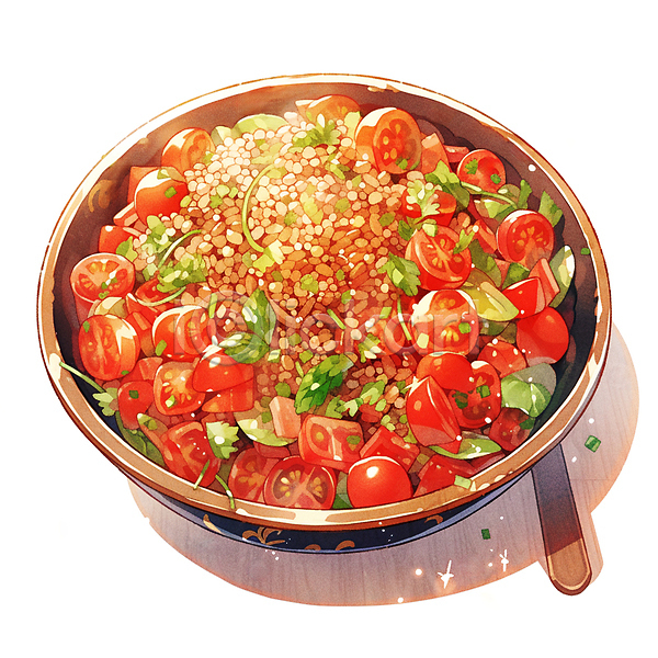 사람없음 JPG 일러스트 건강식 곡류 그릇 방울토마토 빨간색 샐러드 수저 수채화(물감) 음식 채식