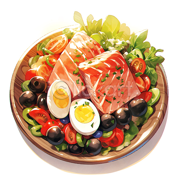 사람없음 JPG 일러스트 건강식 계란 나무그릇 방울토마토 삶은계란 샐러드 수채화(물감) 연어샐러드 연어회 오이 음식 채식