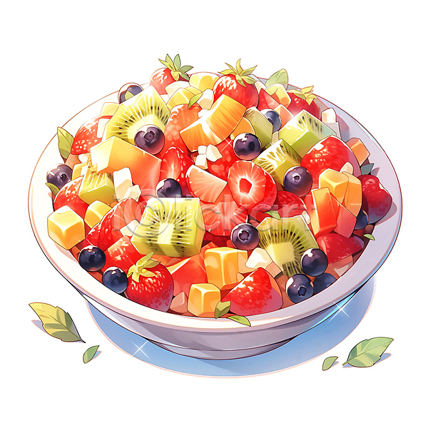 사람없음 JPG 일러스트 건강식 과일샐러드 그릇 딸기 블루베리 수채화(물감) 오렌지 음식 채식 키위