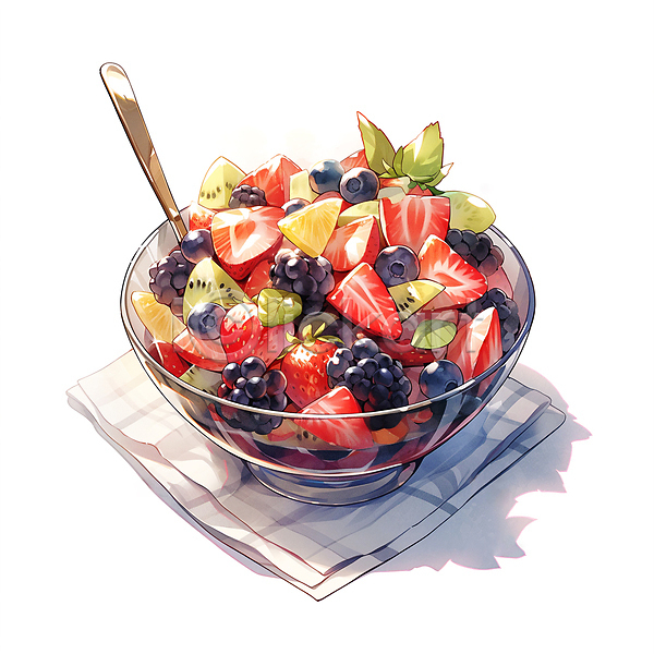 사람없음 JPG 일러스트 건강식 과일샐러드 딸기 블루베리 수채화(물감) 숟가락 유리그릇 음식 채식 키위