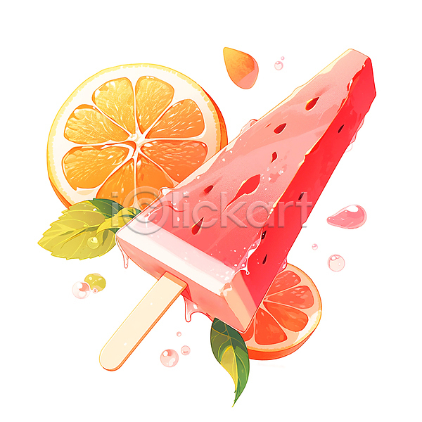 상큼 사람없음 JPG 일러스트 과일아이스크림 막대아이스크림 물방울 수박 수채화(물감) 아이스바 여름(계절) 오렌지 음식 잎 자몽