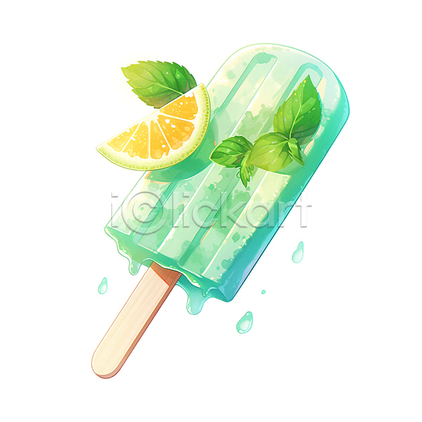 상큼 사람없음 JPG 일러스트 과일아이스크림 라임 막대아이스크림 민트색 수채화(물감) 아이스바 여름(계절) 음식 잎