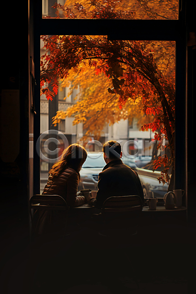 여유 휴식 남자 두명 성인 성인만 여자 JPG 실루엣 편집이미지 가을(계절) 가을풍경 단풍나무 상반신 앉기 창문 카페 커플 커피