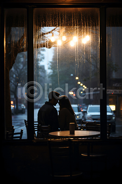 여유 휴식 남자 두명 성인 성인만 여자 JPG 실루엣 편집이미지 가을풍경 비(날씨) 상반신 앉기 창문 카페 커플 탁자