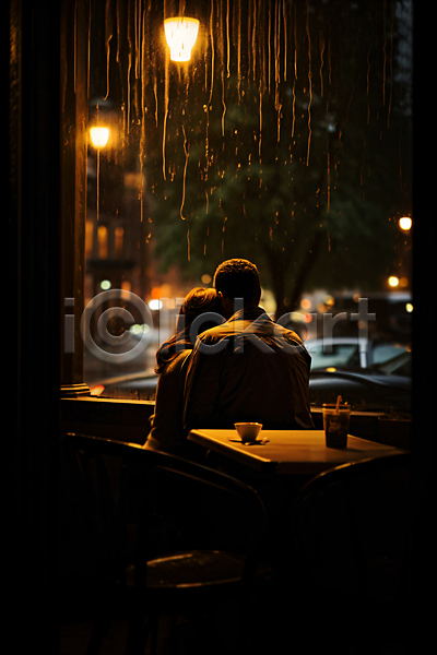 여유 휴식 남자 두명 성인 성인만 여자 JPG 실루엣 편집이미지 가을풍경 비(날씨) 상반신 안기 앉기 조명 창문 카페 커플 탁자