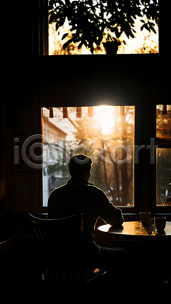 여유 휴식 남자 성인 성인남자한명만 한명 JPG 실루엣 편집이미지 가을풍경 나뭇잎 상반신 앉기 창문 카페 커피잔 탁자 햇빛