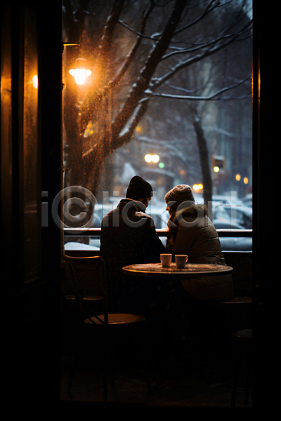 여유 휴식 남자 두명 성인 성인만 여자 JPG 실루엣 편집이미지 겨울 눈(날씨) 마주보기 상반신 앉기 창문 카페 커플 커피 탁자