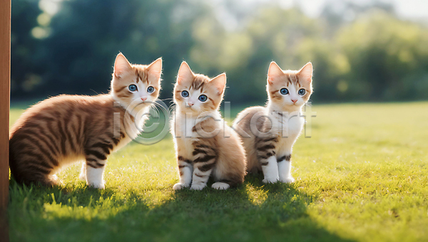 귀여움 사람없음 JPG 편집이미지 고양이 새끼 세마리 야외 자연 잔디 햇빛