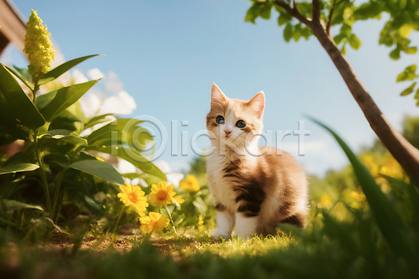 귀여움 사람없음 JPG 편집이미지 고양이 꽃 나무 새끼 야외 잎 자연 잔디