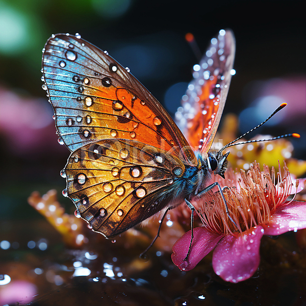 사람없음 JPG 근접촬영 디지털합성 아웃포커스 편집이미지 곤충 꽃 나비 물방울 야외 자연 젖음 편집소스