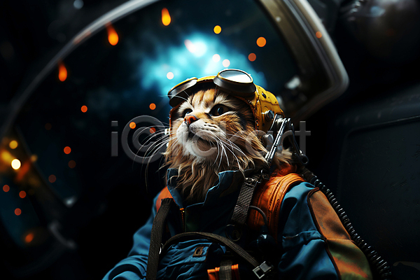 사람없음 JPG 디지털합성 편집이미지 고글 고양이 보케 빛망울 올려보기 우주 우주복 우주비행사 의인화 편집소스 한마리