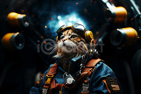 사람없음 JPG 디지털합성 편집이미지 고글 고양이 올려보기 우주 우주복 우주비행사 우주선 의인화 편집소스 한마리