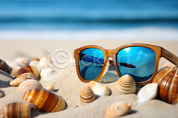 사람없음 JPG 디지털합성 아웃포커스 편집이미지 모래사장 바다 반사 선글라스 여름(계절) 조개껍데기 해변