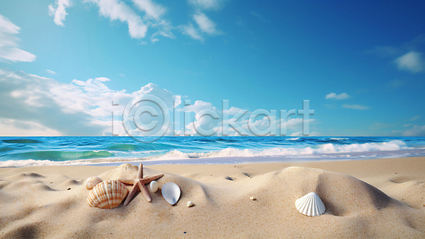 사람없음 JPG 디지털합성 편집이미지 구름(자연) 모래사장 바다 불가사리 야외 여름(계절) 와이드컷 조개 조개껍데기 하늘 해변