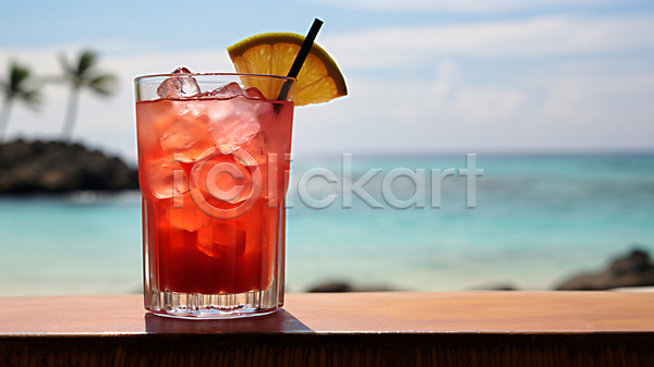 사람없음 JPG 디지털합성 아웃포커스 편집이미지 라임 바다 빨대 야외 야자수 여름(계절) 음료 잔 탁자 해변