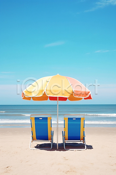 사람없음 JPG 디지털합성 편집이미지 모래사장 바다 선베드 야외 여름(계절) 의자 파라솔 해변